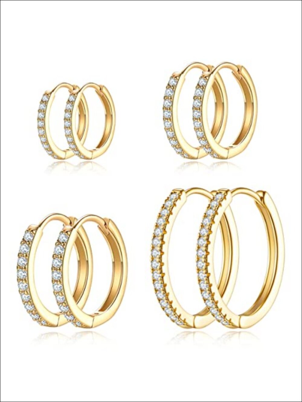 14K Gold Plated Brass Cubic Zirconia Huggie Hoop Earrings Set 4 Pairs